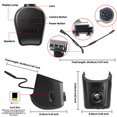 Vue détaillée de l’Audi dashcam 4K OEM-look, mettant en avant des éléments comme l’objectif, les boutons et le logement pour carte.