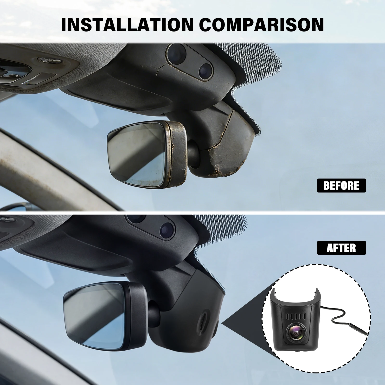 Comparatif d’installation de l’Audi dashcam 4K OEM-look, avec vues avant et après montage.