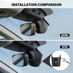 Comparatif d’installation de l’Audi dashcam 4K OEM-look, avec vues avant et après montage.