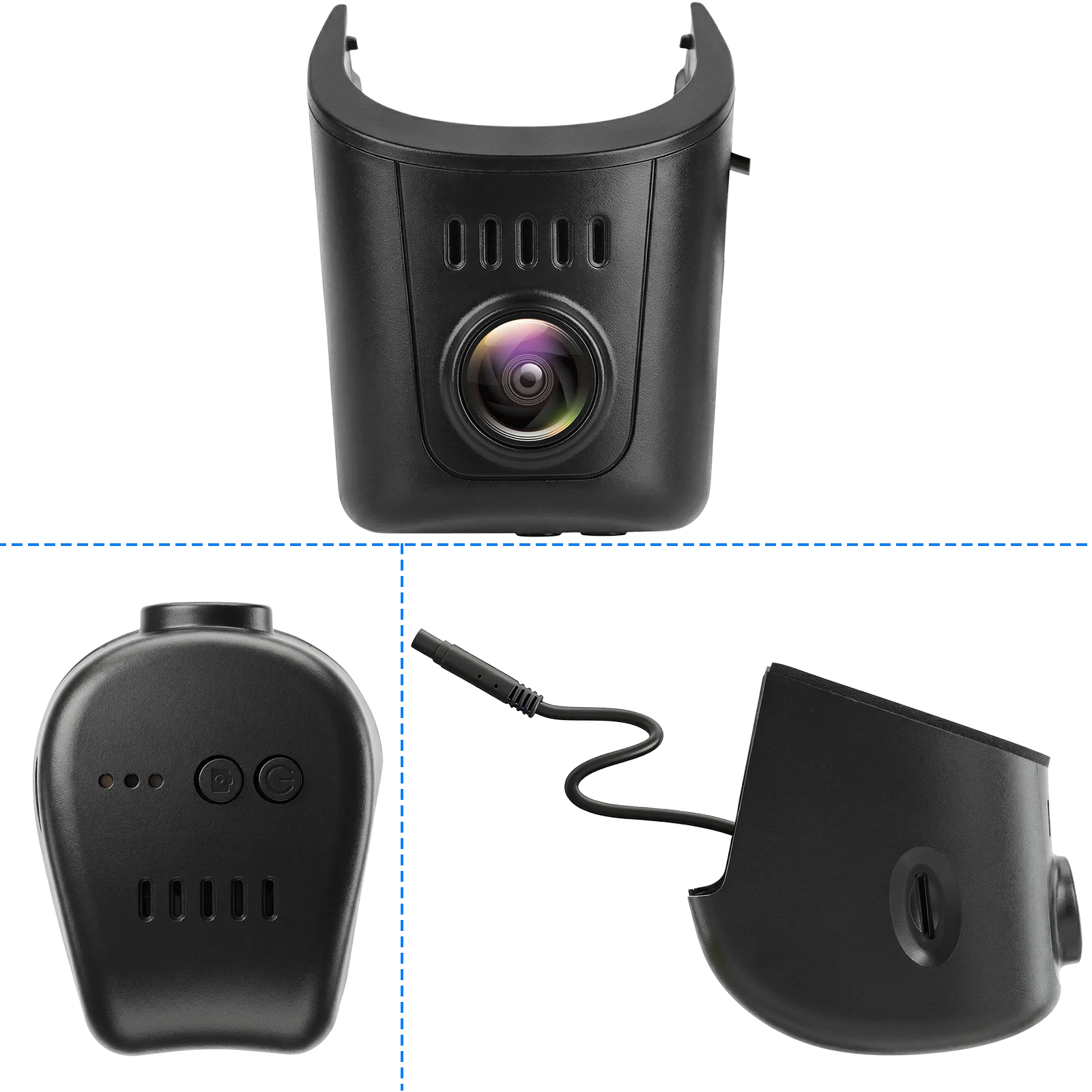 Audi dashcam 4K OEM-look vue de face et de côté, montrant son design élégant et son objectif intégré pour une installation discrète.