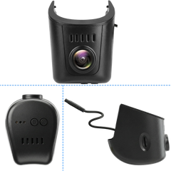 Audi dashcam 4K OEM-look vue de face et de côté, montrant son design élégant et son objectif intégré pour une installation discrète.