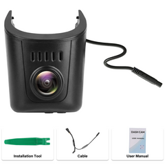 Audi dashcam 4K OEM-look avec outil de montage, câble et manuel d’utilisation inclus.