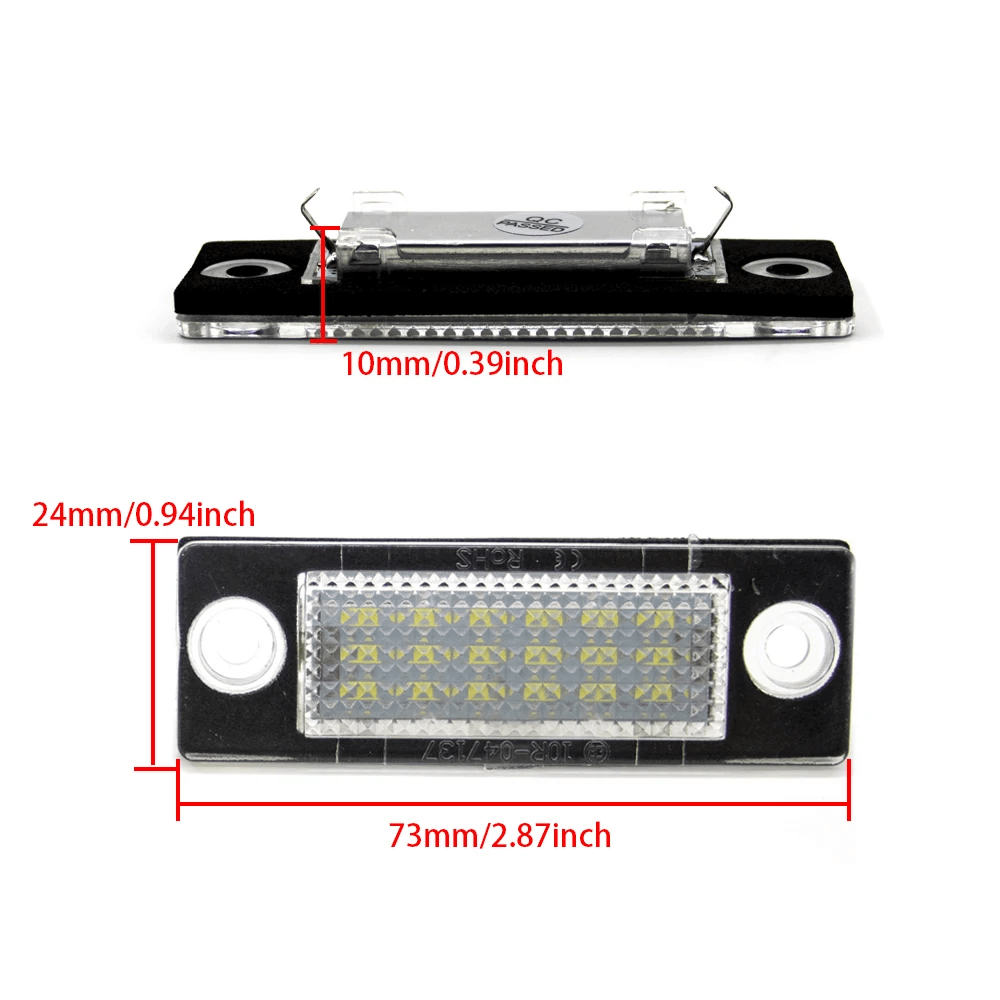 Feux de plaque LED VW & Skoda – CANBUS (Golf 5, Passat, Touran, etc.) avec dimensions et détails.