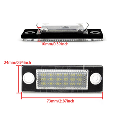 Feux de plaque LED VW & Skoda – CANBUS (Golf 5, Passat, Touran, etc.) avec dimensions et détails.
