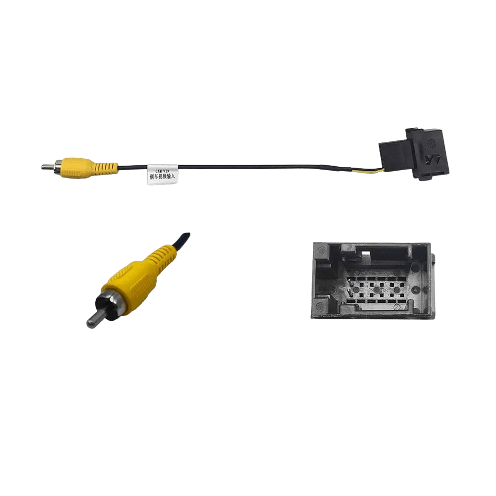 Câble adaptateur Ford - permet de connecter la caméra de recul d’origine à un autoradio aftermarket, avec câble et connecteurs pour la transmission vidéo et du signal.
