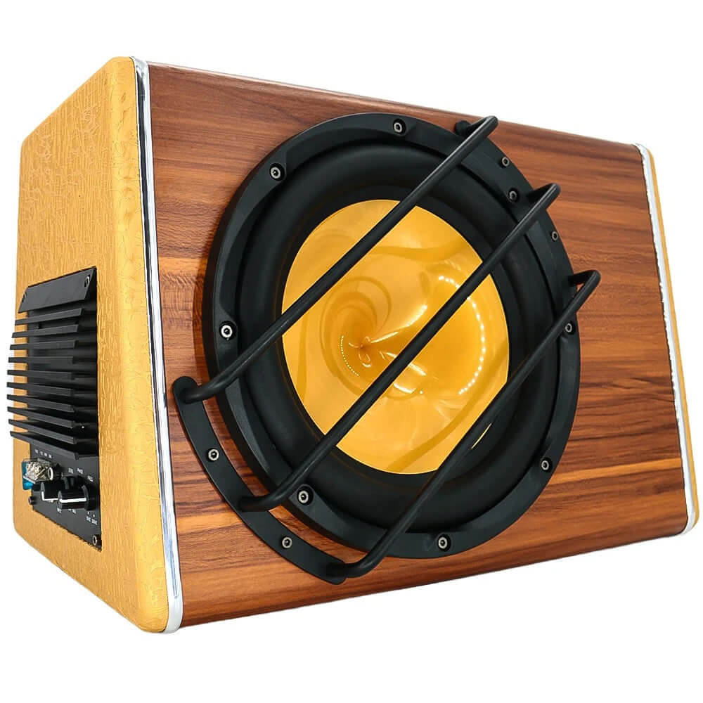 Subwoofer voiture 200W RMS – basses de coffre 3800W avec finition bois et grand haut-parleur