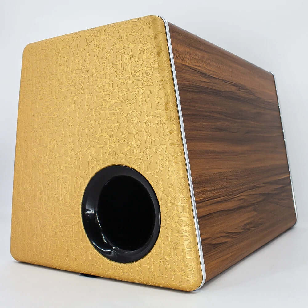 Subwoofer voiture 200W RMS – basses de coffre 3800W avec caisson au design soigné aspect bois et finition dorée.