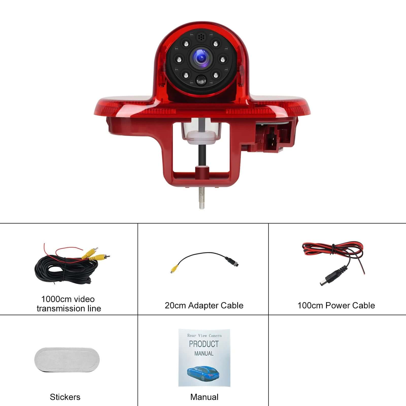 Achteruitrijcamera voor Renault Trafic/Opel Vivaro - rode camera-unit met aansluitkabels en handleiding.