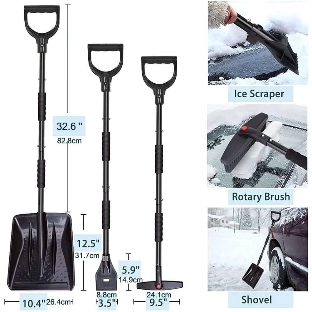 Kit hiver 3 en 1 avec pelle, grattoir et brosse pour enlever efficacement la neige et le givre sur la voiture.
