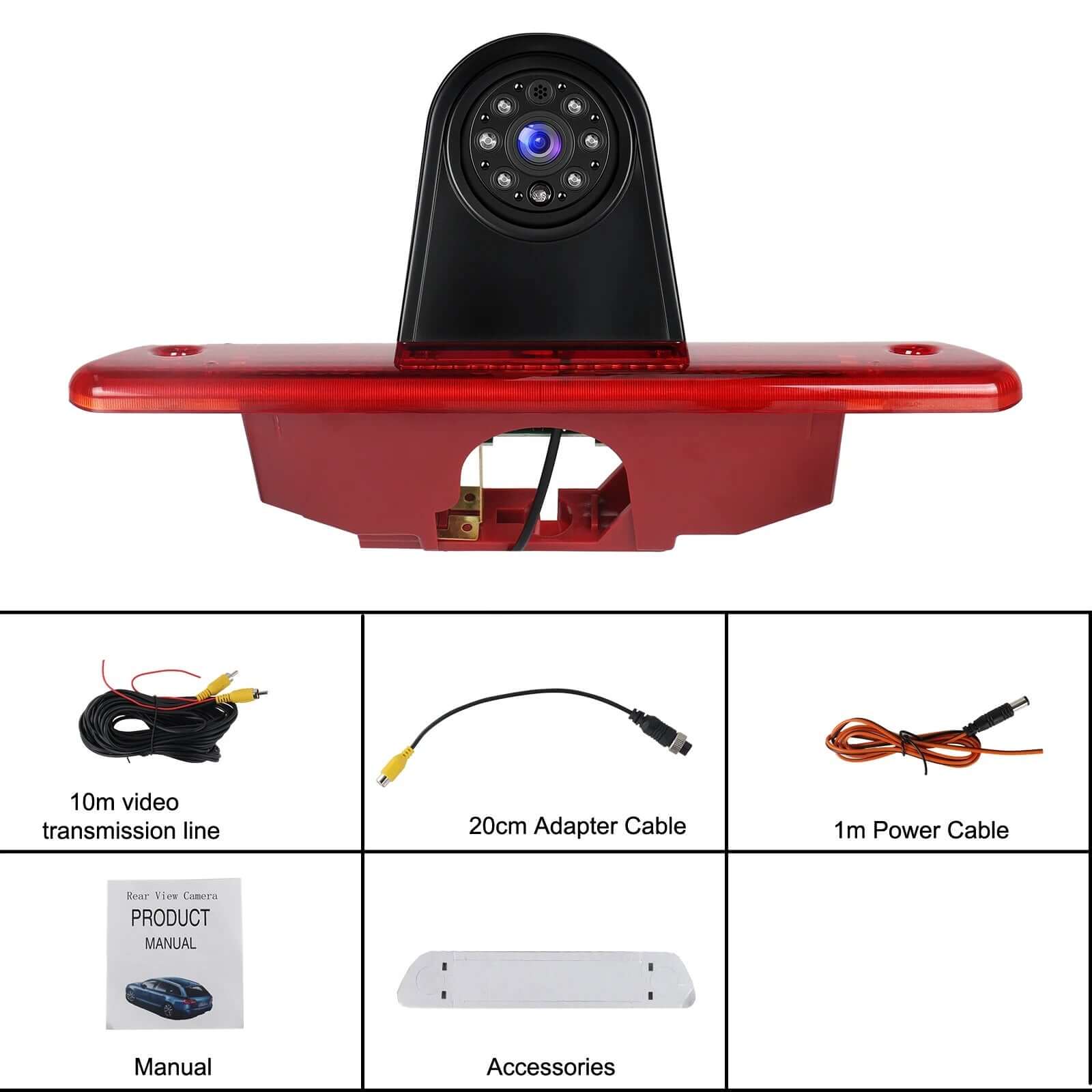 Achteruitrijcamera voor Toyota Proace 07-16 mm. met IP67-design en 140° zicht, inclusief accessoires en kabels.