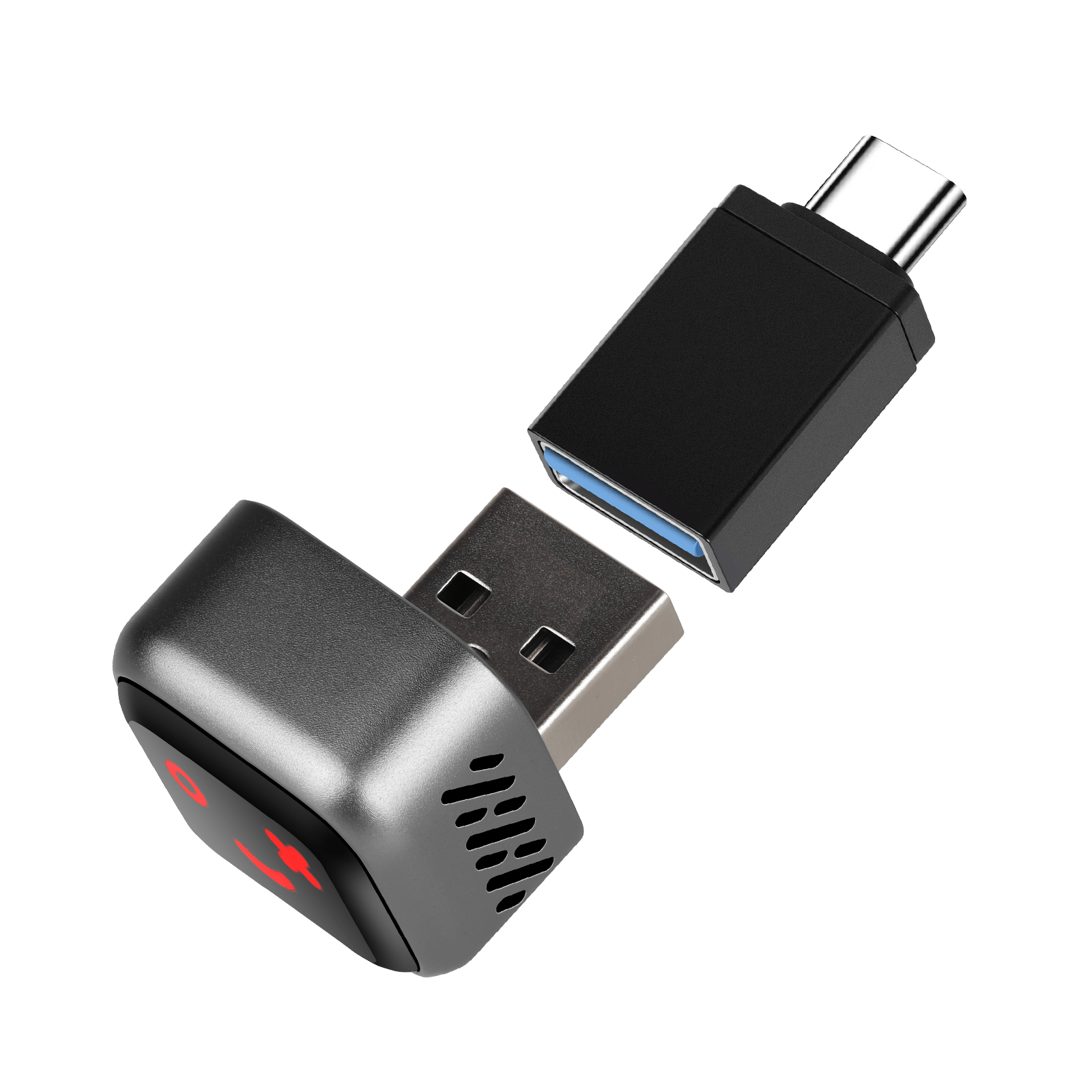 Mini adaptateur sans fil CarPlay & Android Auto (5.8GHz – Plug & Play) avec connecteurs USB et USB-C.