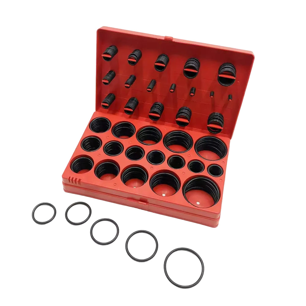 Coffret de joints toriques 419 pièces dans une boîte en plastique rouge, avec joints toriques de différentes tailles bien organisés.