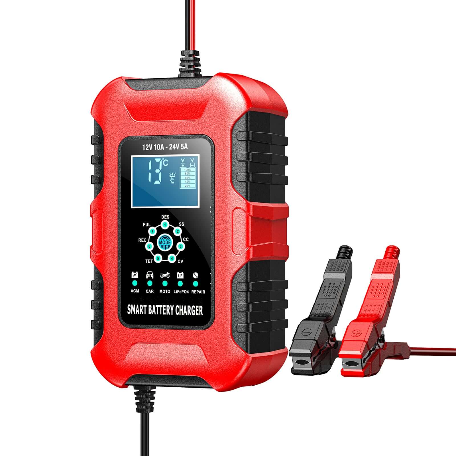 Chargeur de batterie intelligent 12V 10A / 24V 5A - chargeur performant avec écran et pinces pour une gestion efficace de la batterie.