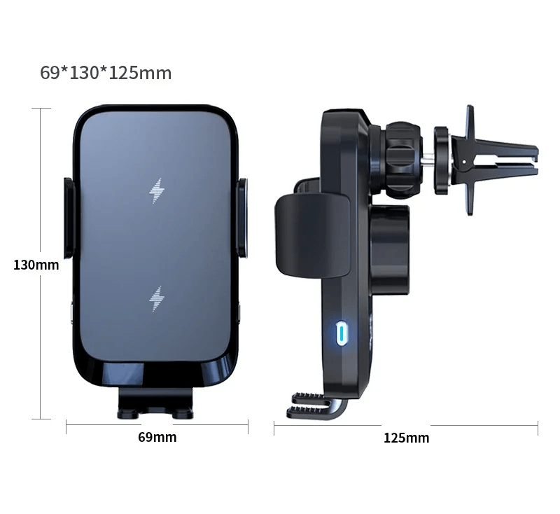 Trådløs Biloplader & Mobilholder 15W – Automatisk Klemme & 360° Rotation med dimensioner 69x130x125mm