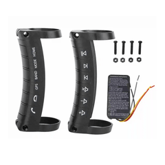Commande au volant sans fil pour voiture – télécommande universelle pour radio et navigation, avec boutons et pièces d’installation.