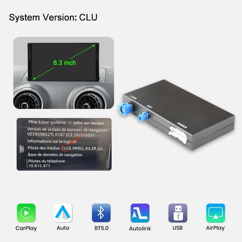 Apple CarPlay sans fil & Android Auto pour Audi A3 et Q2 (2012–2020) – écran d’origine, informations système et unité.