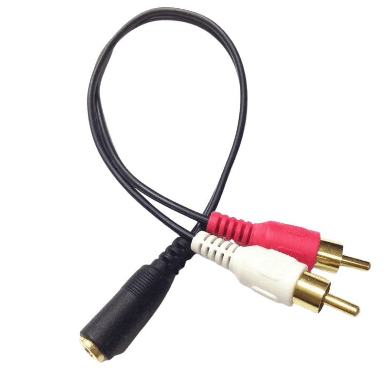 Répartiteur RCA vers AUX 3,5 mm – mâle (rouge/blanc) vers femelle (jack), câble pour connexion audio.