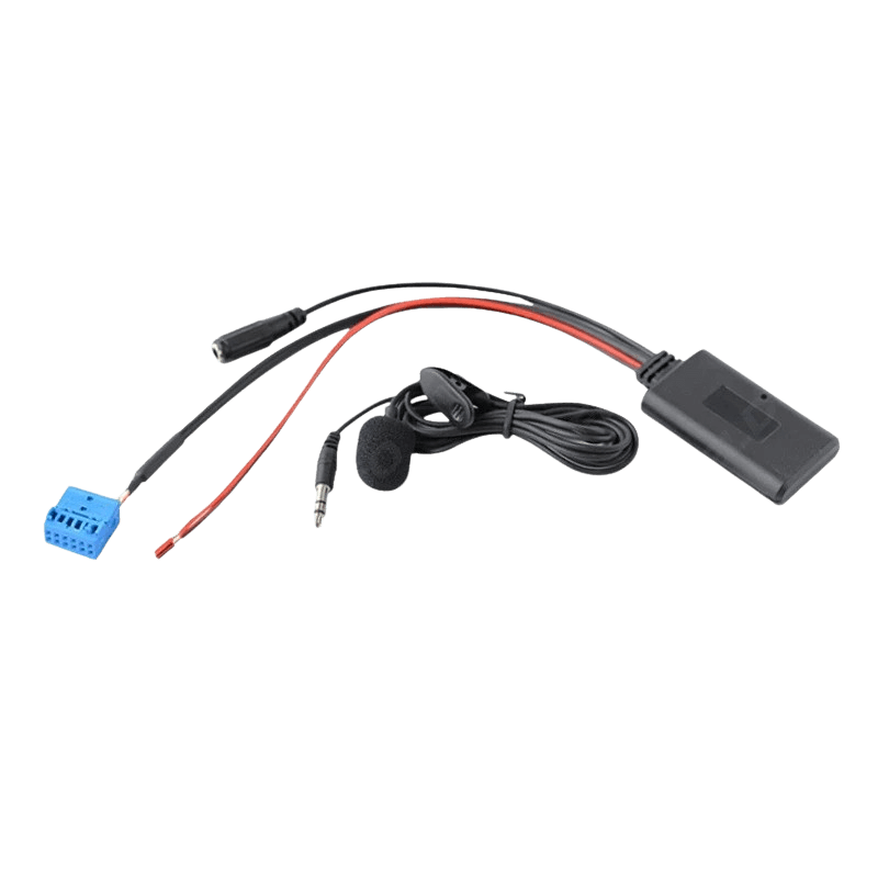 Bluetooth adapter til VW Golf, Polo og Passat med tilbehør til installation og musikstreaming.