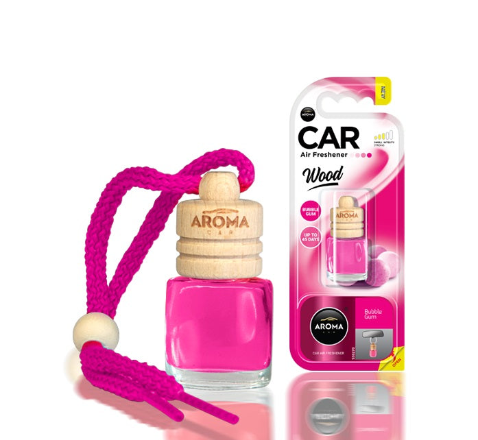 Parfum de voiture Aroma Wood Bubble Gum avec flacon en verre et bouchon en bois